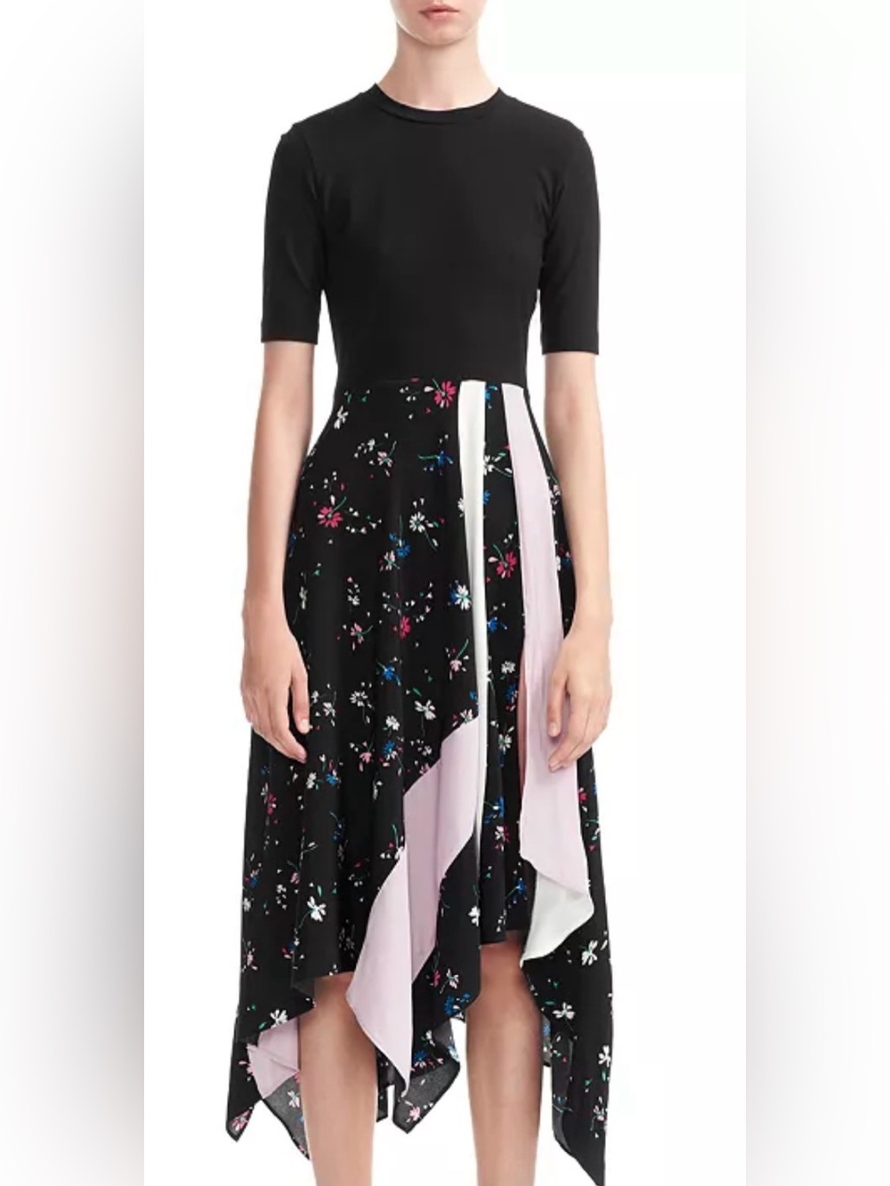 Maje Black Top with Pink and Blue Floral Neck Scarf Detail
